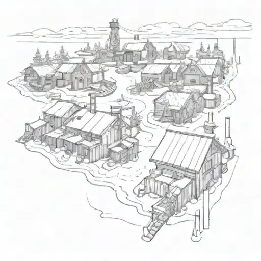 A futuristic interpretation of an Alaskan fishing village with a Fortnite-style battle royale arena in the center tattoo design idea