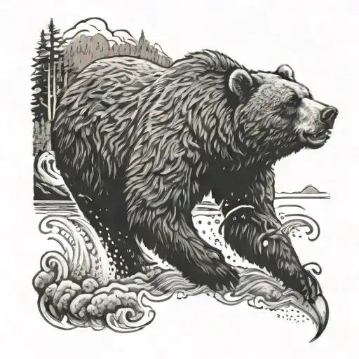 An intricate dotwork design of an Alaskan grizzly bear catching a fish in a river, with smoke rising from the surrounding forest tattoo design idea