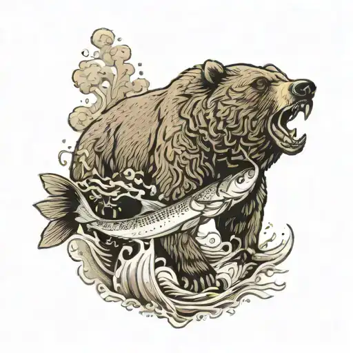 An intricate dotwork design of an Alaskan grizzly bear catching a fish in a river, with smoke rising from the surrounding forest tattoo design idea