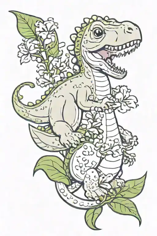 dinosaur and lily of the valley flower intertwined cute for baby  tattoo design idea