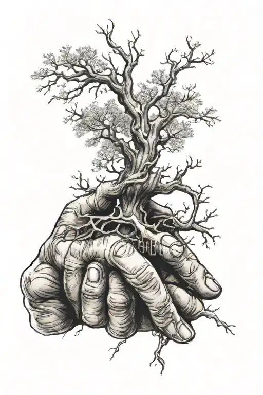 long leafless tree intertwined on the finger of the creation of adam hand tattoo design idea