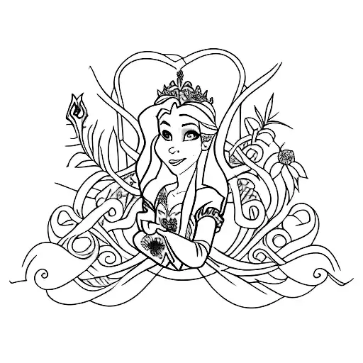 A minimalist tattoo of Rapunzel from Tangled surrounded by purple flowers. tattoo design idea