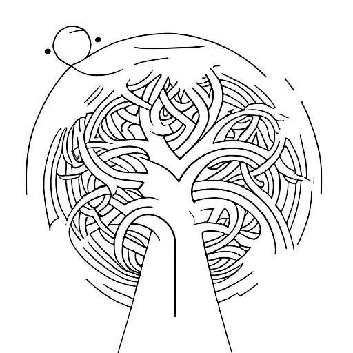 A minimalist Yggdrasil tree intertwined with the Rund Mond sterne tattoo design idea