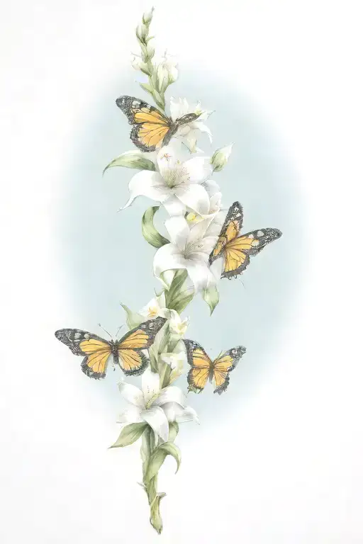 colorful arm full sleeve tattoo without lines. Include monarch butterflies, lilies, stars, and a yellow ribbon.  tattoo design idea