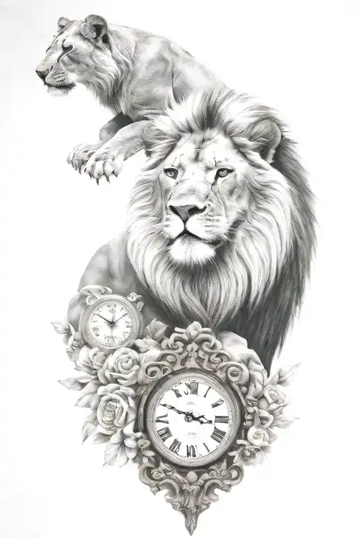 lion and clock tattoo design idea