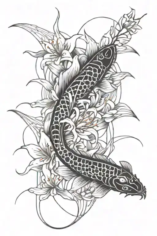 spider lily flower and koi fish swimming gracefully tattoo design idea