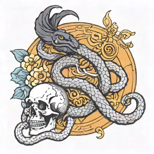 Create me a tattoo design including a snake wrapping around my arm a half skeleton and a half alive crow, buddhist god m tattoo design idea