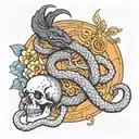 Create me a tattoo design including a snake wrapping around my arm a half skeleton and a half alive crow, buddhist god m tattoo design idea