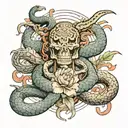 Create me a tattoo design including a snake wrapping around my arm a half skeleton and a half alive crow, buddhist god m tattoo design idea