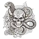Create me a tattoo design including a snake wrapping around my arm a half skeleton and a half alive crow, buddhist god m tattoo design idea