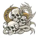 Create me a tattoo design including a snake wrapping around my arm a half skeleton and a half alive crow, buddhist god m tattoo design idea
