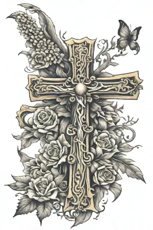 Create a tattoo for my full arm with a realistic cross, and my family’s name of Sunny, Liam, Lincoln and Siena tattoo design idea