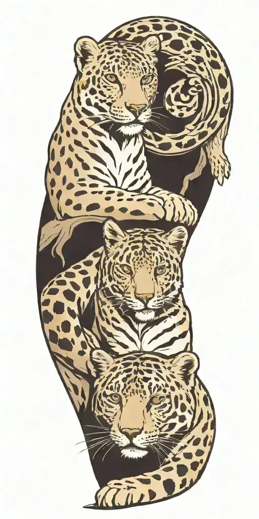 A snow leopard and Bengal tiger intertwined in a yin yang symbol, with a background of a mountain range tattoo design idea