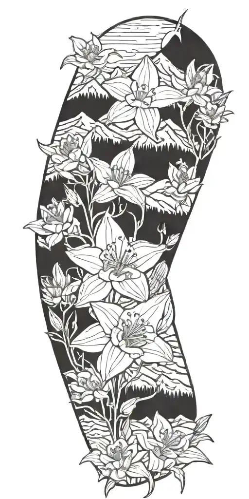Rocky mountains with columbine and aster flowers tattoo design idea