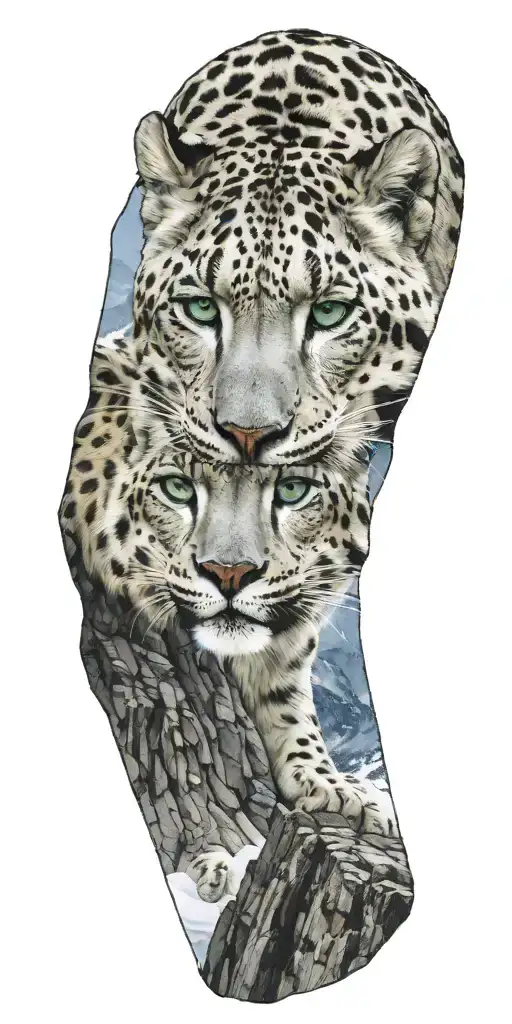 A blonde American woman with green eyes and a snow leopard on a rocky mountain backdrop  tattoo design idea