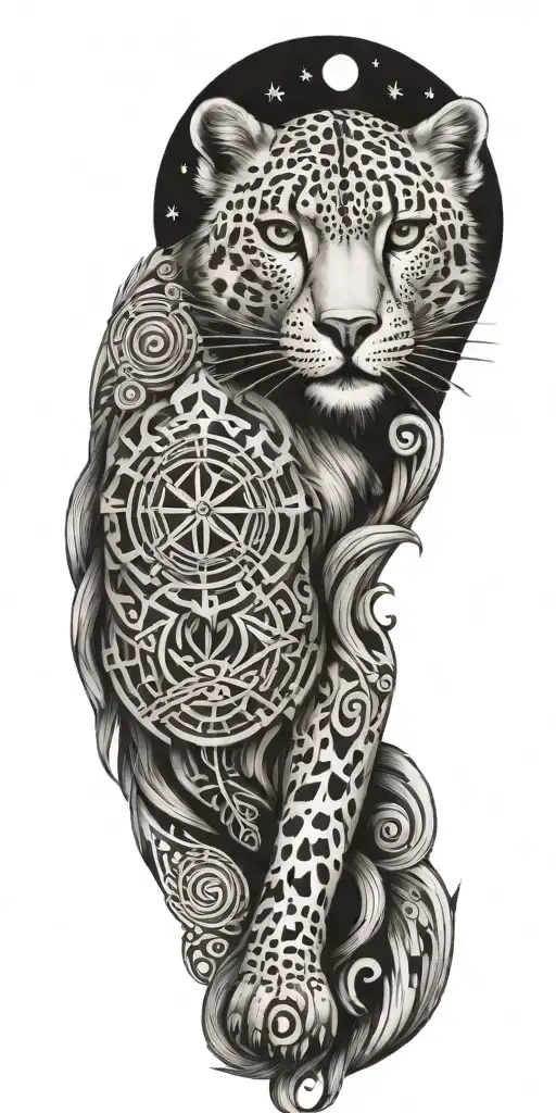 An intricate mandala design inspired by the patterns of snow leopard fur, with hidden images of aircraft parts and sketching tools woven throughout, blending the client's interests seamlessly tattoo design idea