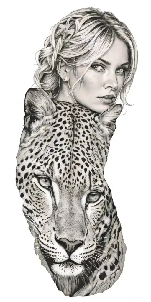 A blonde German woman with green eyes and a snow leopard on a rocky mountain backdrop  tattoo design idea