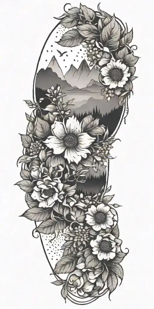 A dotwork tattoo of a floral wreath with tiny mountain silhouettes hidden among the petals tattoo design idea