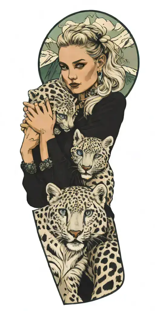 A blonde German woman with green eyes petting a snow leopard on a rocky mountain backdrop  tattoo design idea