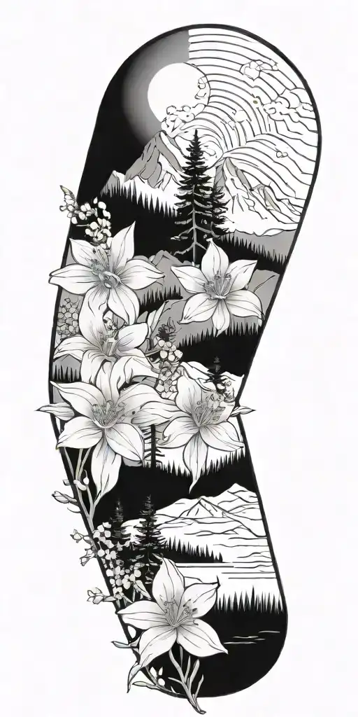 rocky mountains of Colorado with pine trees and fewer columbine flowers tattoo design idea