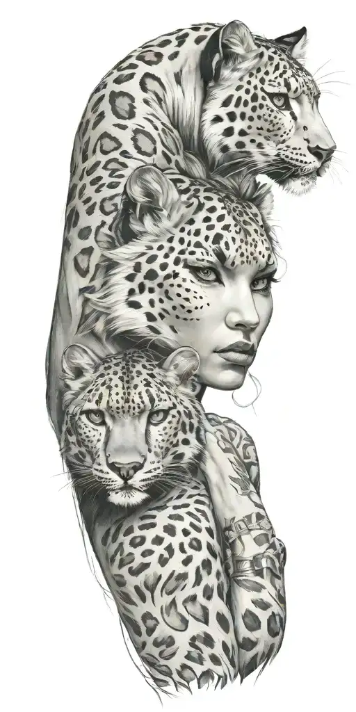 A beautiful woman with snow leopard tattoos on her arms, symbolizing strength and grace tattoo design idea