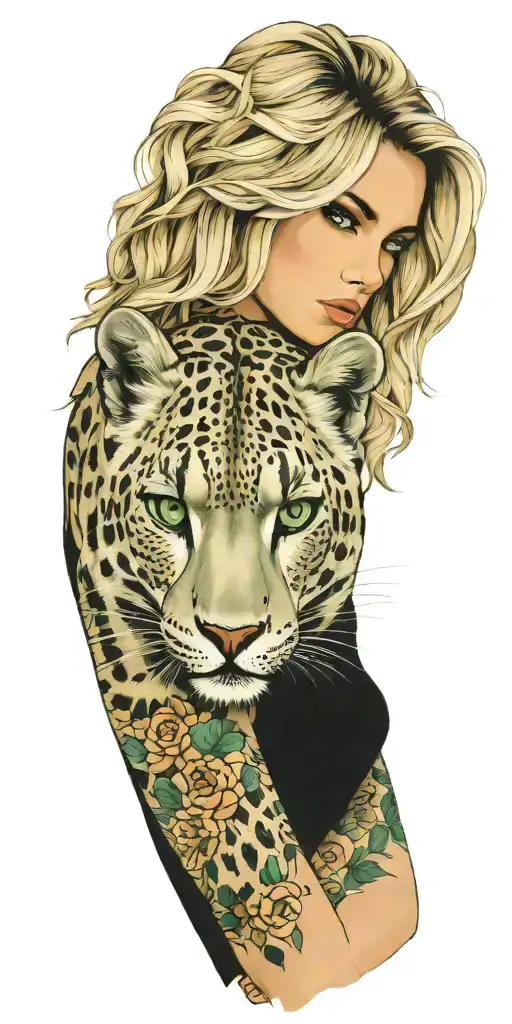 A blonde woman with green eyes snow leopard tattoos on her arms, symbolizing strength and grace tattoo design idea