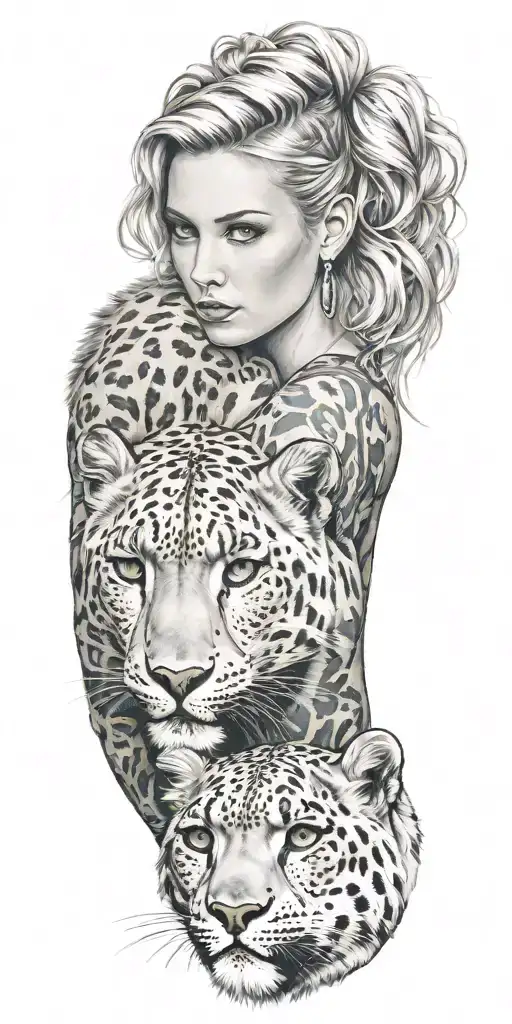 blonde woman with green eyes and a snow leopard with rocky mountains in the background tattoo design idea