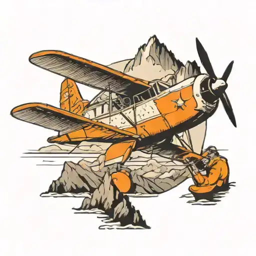 A dotwork tattoo of a woman sketching a detailed aircraft design with mountains in the background tattoo design idea