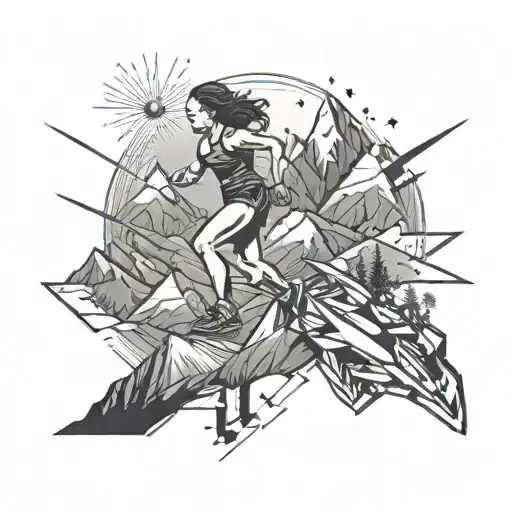 A sleek and detailed sketch of a woman running on a mountain trail, with an aircraft soaring in the sky above her tattoo design idea