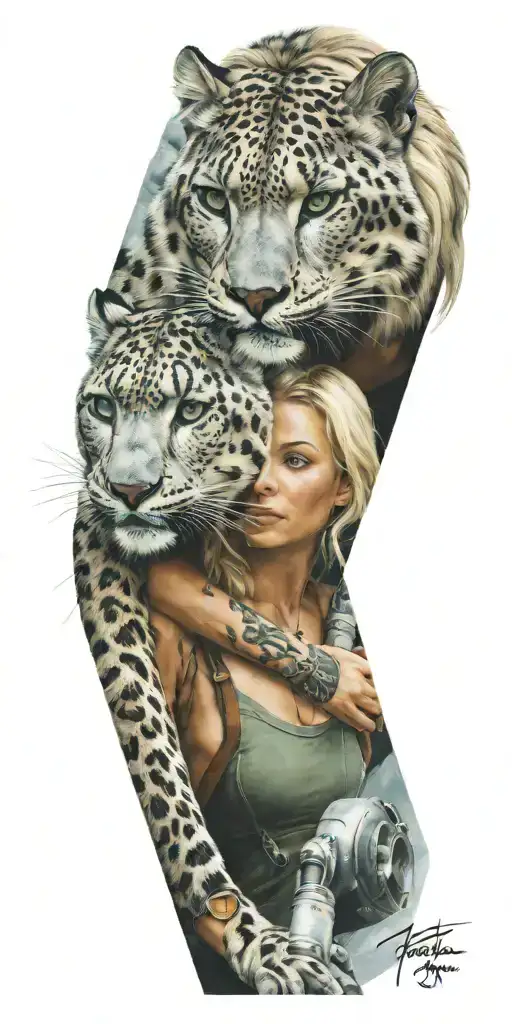 snow leopard in the rockies and blonde woman with green eyes fixing aircraft with a guy tattoo design idea