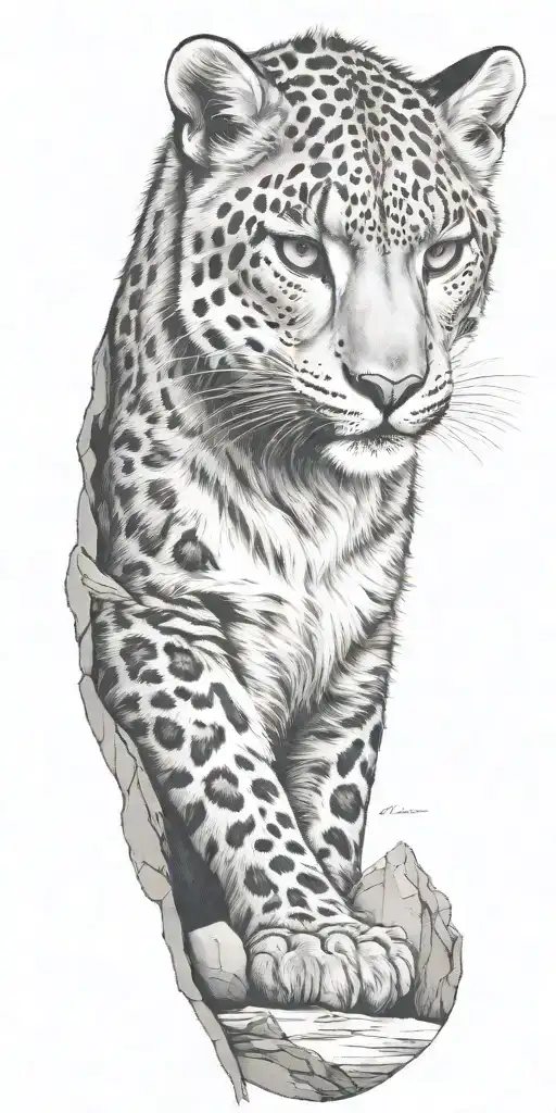 A snow leopard gracefully blending into a rocky mountain landscape tattoo design idea