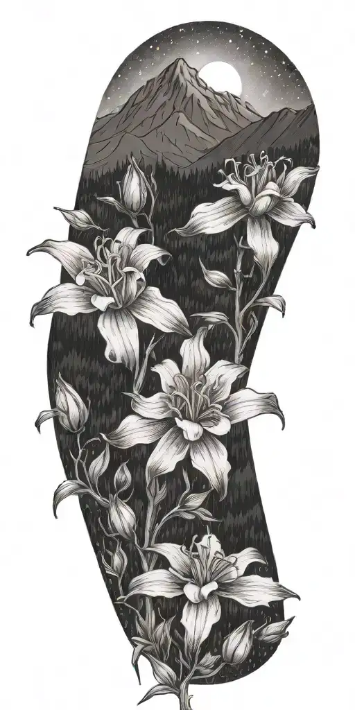 columbine and azalea flower in a mountain background tattoo design idea