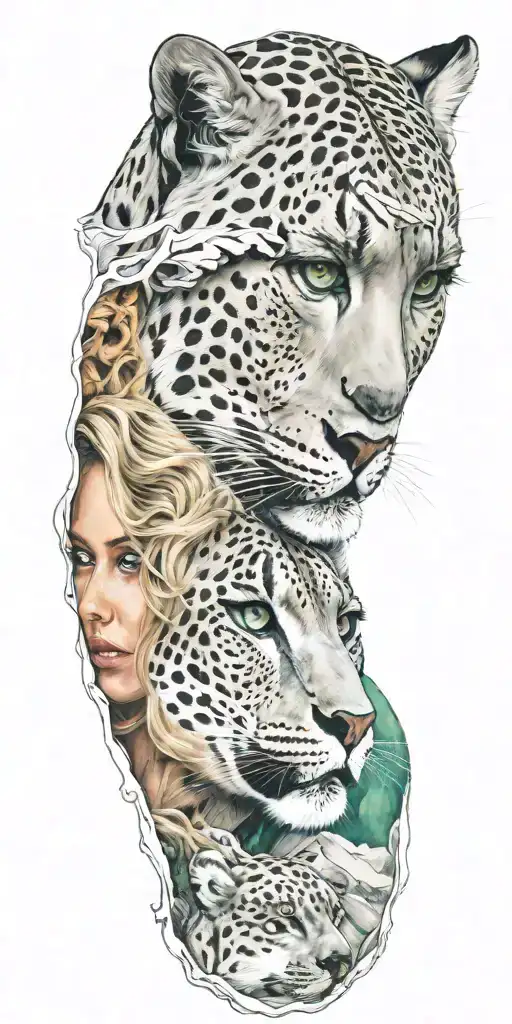 A realistic tattoo of a blonde woman with green eyes surrounded by snow leopard and Rocky mountains tattoo design idea