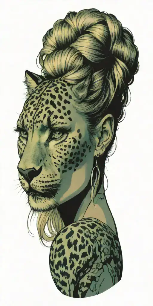 A blonde German woman with green eyes and a snow leopard on a rocky mountain backdrop  tattoo design idea