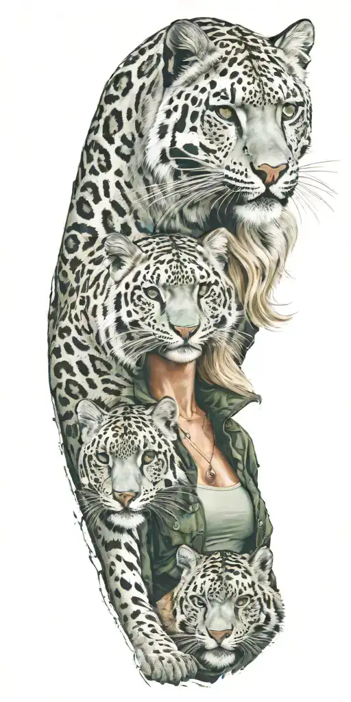 A blonde woman with green eyes in mechanic coveralls with a snow leopard and bengal tiger in a rocky mountain background tattoo design idea
