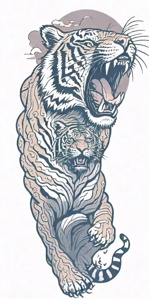 A powerful Bengal tiger roaring in front of a mountain landscape, with a subtle hint of music notes in the background tattoo design idea