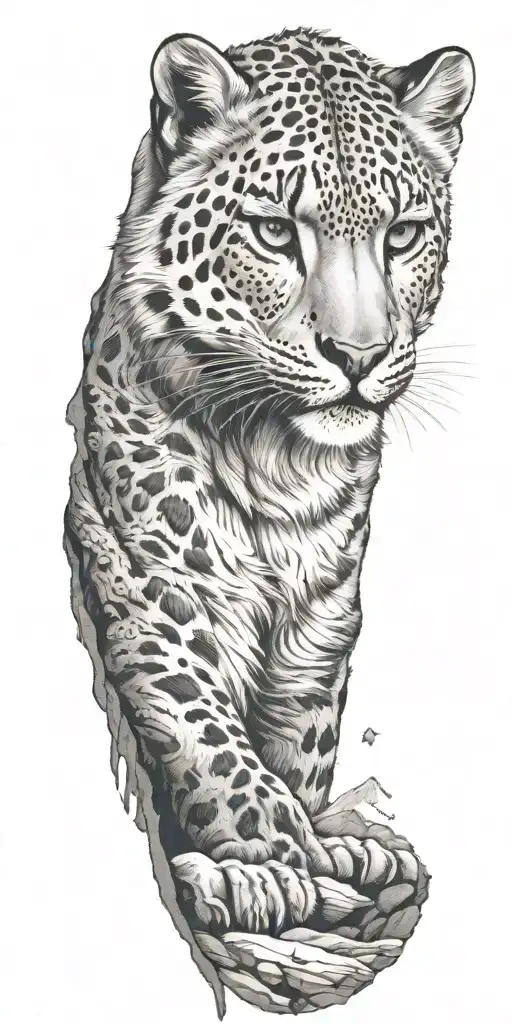 A snow leopard gracefully blending into a rocky mountain landscape tattoo design idea