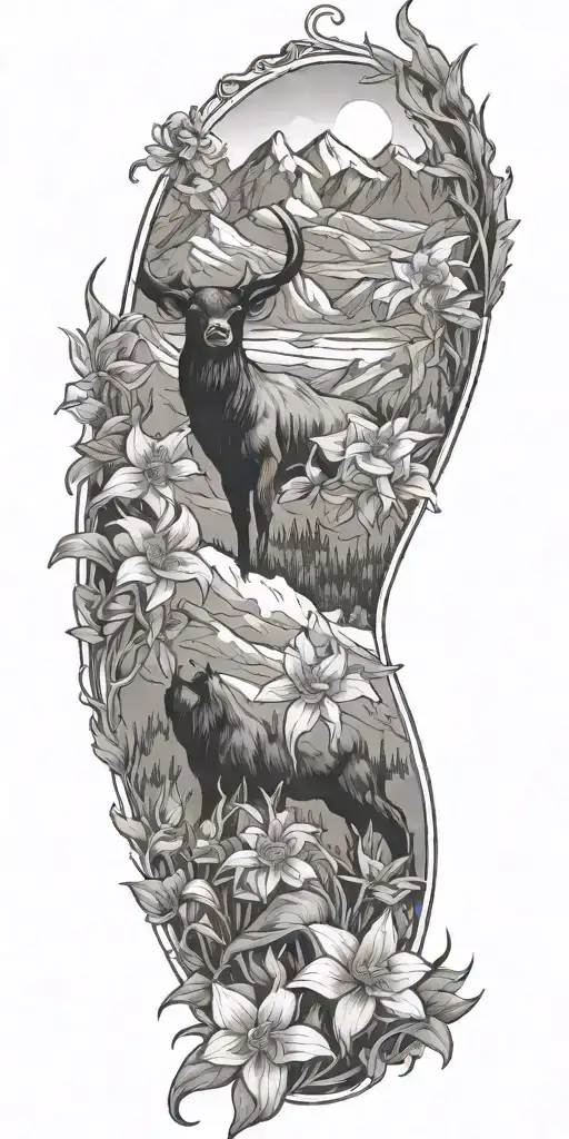 colorado mountains and lark bunting and long horn and columbine tattoo design idea