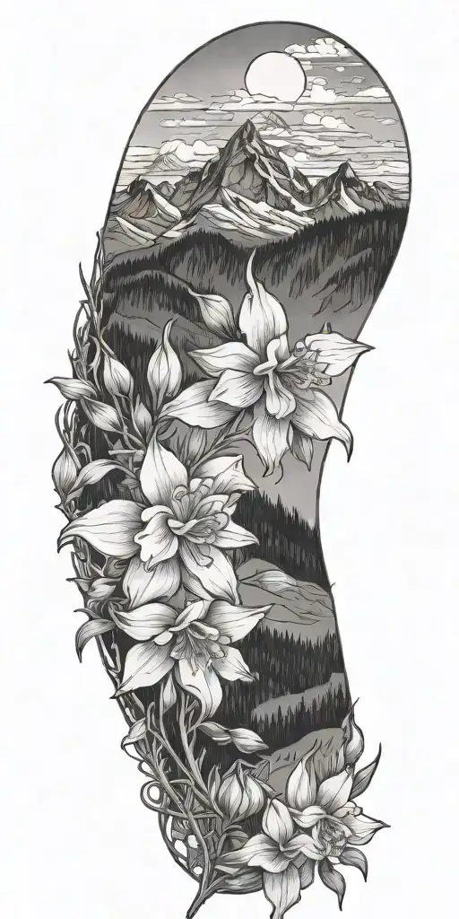 rocky mountains of Colorado mountain with columbine flowers tattoo design idea