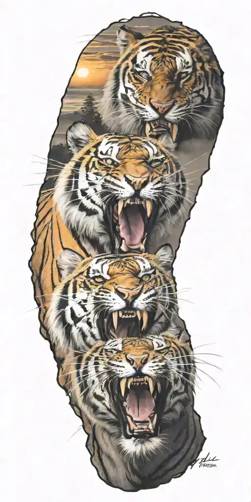 A powerful Bengal tiger roaring in front of a Colorado sunset tattoo design idea