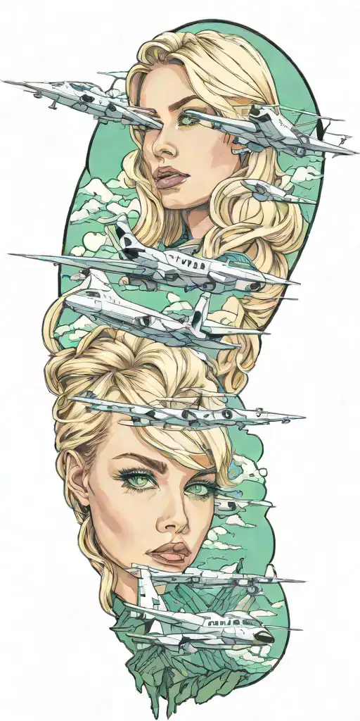 A realistic tattoo of a blonde woman with green eyes surrounded by aircraft and Rocky mountains tattoo design idea