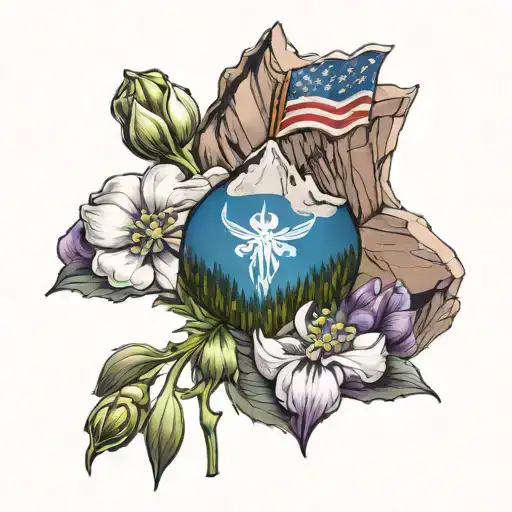 rocky mountains with a columbine flower with the colorado flag  tattoo design idea