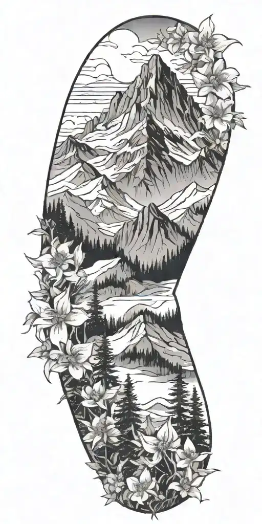 a majestic rocky mountain range with pine trees and columbine flowers tattoo design idea
