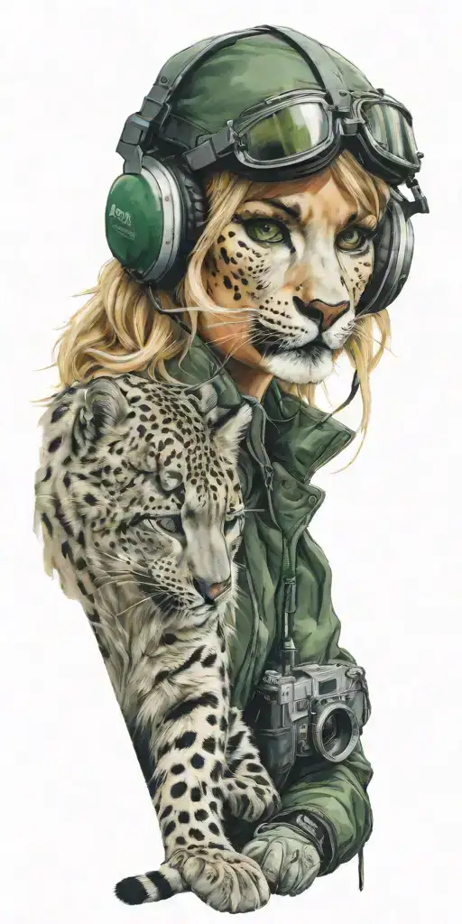 snow leopard in the rocky mountains and blonde woman with green eyes fixing aircraft tattoo design idea