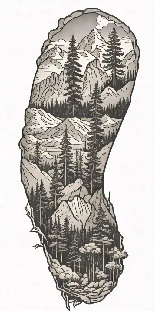 rocky mountains and pine trees looking tattoo design idea