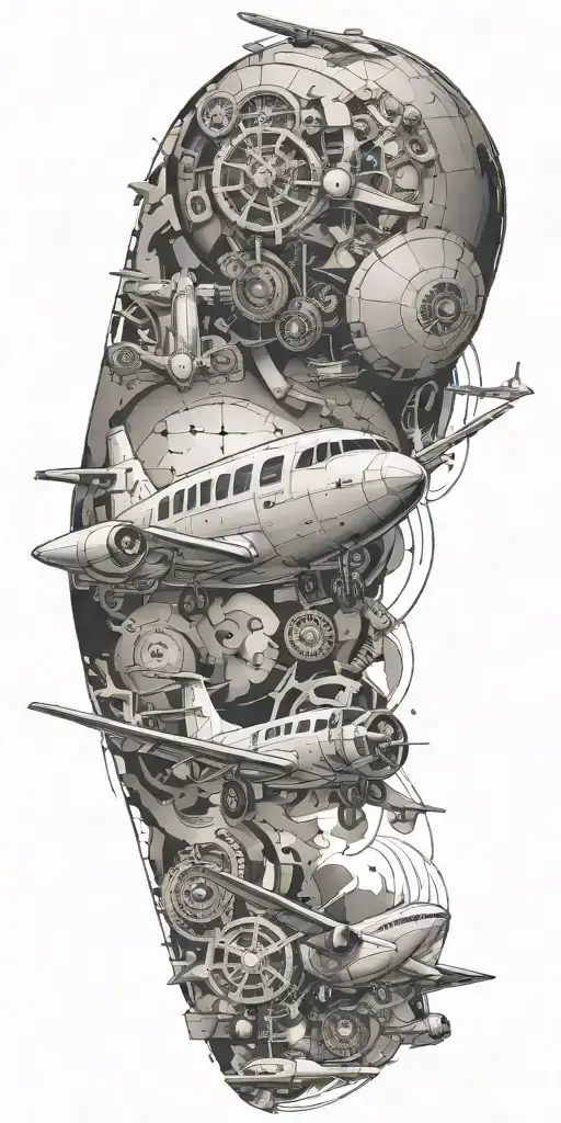 An abstract tattoo combining elements of aircraft mechanics and animal motifs in a dotwork style tattoo design idea