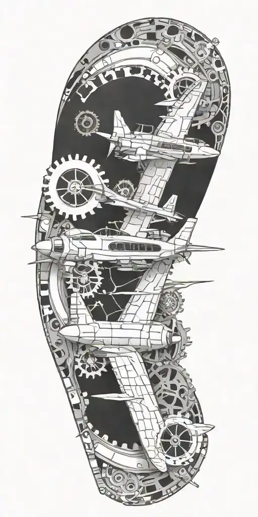 A sleek and modern aircraft design incorporating elements of 3D modeling, with gears and mechanical details tattoo design idea