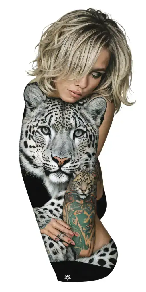 snow leopard in Colorado and blonde woman with green eyes fixing aircraft tattoo design idea