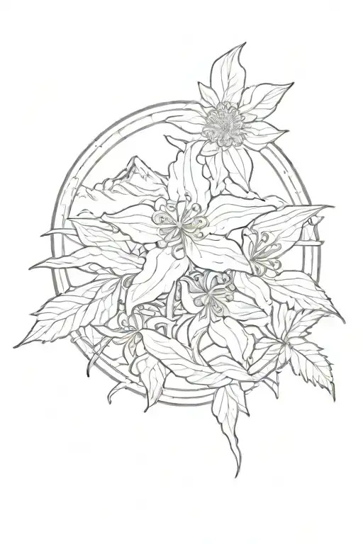 rocky mountains with a columbine flower with the flag of colorado  tattoo design idea