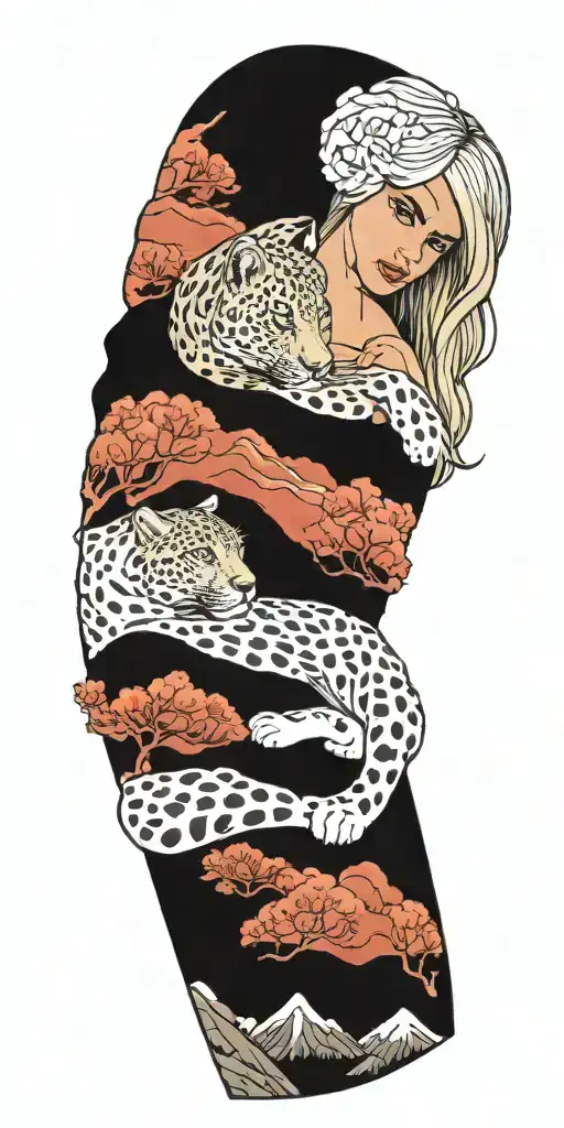 blonde woman with green eyes and a snow leopard with rocky mountains in the background tattoo design idea